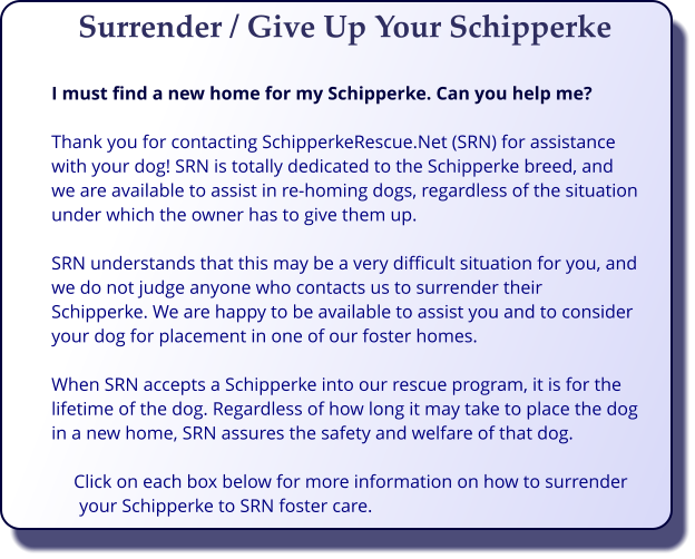 Surrender / Give Up Your Schipperke  I must find a new home for my Schipperke. Can you help me?  Thank you for contacting SchipperkeRescue.Net (SRN) for assistance with your dog! SRN is totally dedicated to the Schipperke breed, and we are available to assist in re-homing dogs, regardless of the situation under which the owner has to give them up.   SRN understands that this may be a very difficult situation for you, and we do not judge anyone who contacts us to surrender their Schipperke. We are happy to be available to assist you and to consider your dog for placement in one of our foster homes.   When SRN accepts a Schipperke into our rescue program, it is for the lifetime of the dog. Regardless of how long it may take to place the dog in a new home, SRN assures the safety and welfare of that dog.  Click on each box below for more information on how to surrender your Schipperke to SRN foster care.