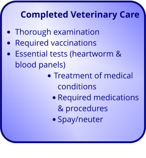 Completed Veterinary Care  •	Thorough examination •	Required vaccinations •	Essential tests (heartworm & blood panels) •	Treatment of medical conditions •	Required medications & procedures •	Spay/neuter